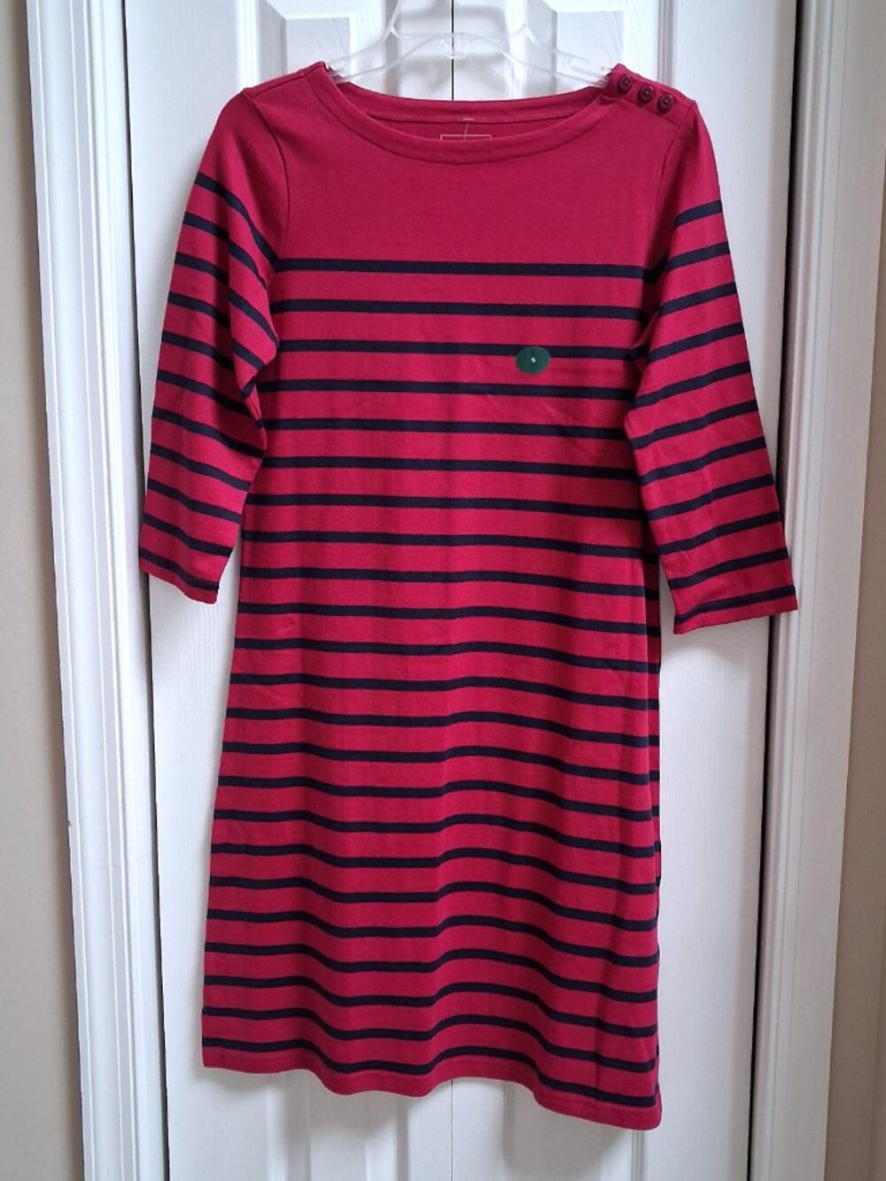 NWT L.L. BEAN Pink/Navy Stripe 3/4 Length Sleeve Shift Dress sz S